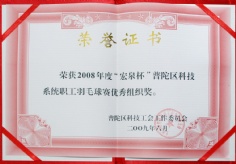 2009.6 宏泉集团 2008年度“宏泉杯”普陀区科技系统职工羽毛球赛优秀组织奖